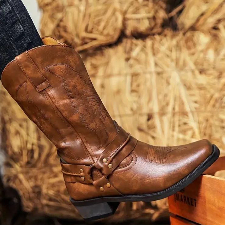  ブーツ ウエスタンブーツ リングブーツ スクエアトゥ 刺繍 チャンキーヒール スリッポン ユニセックス ローヒール 騎士ブーツ 冬靴 春秋 柔らか ノンスリップ 復古 カウボーイ レトロ 厚底 防水 カット ハイカット メンズ 冬 防滑 ロック系 茶色 ウエスタンブーツ ブーツ 革靴