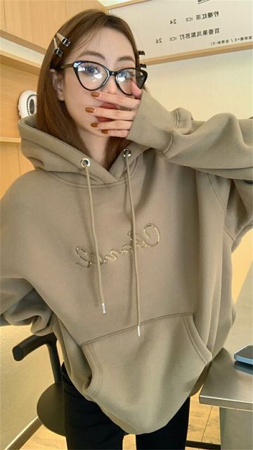 レトロ ゆったり 長袖 裏起毛 配色 アルファベット プルオーバー パーカー[K](T)