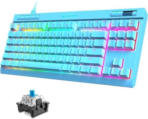 ブルー ゲーミングキーボード テンキーレス 有線 TKL 87キー 青軸 RGBバックライト 取り外し可能なtype-Cケーブル 専用メディアコントロール ボリュームホイール コンパクト軽量 スタンド防衝