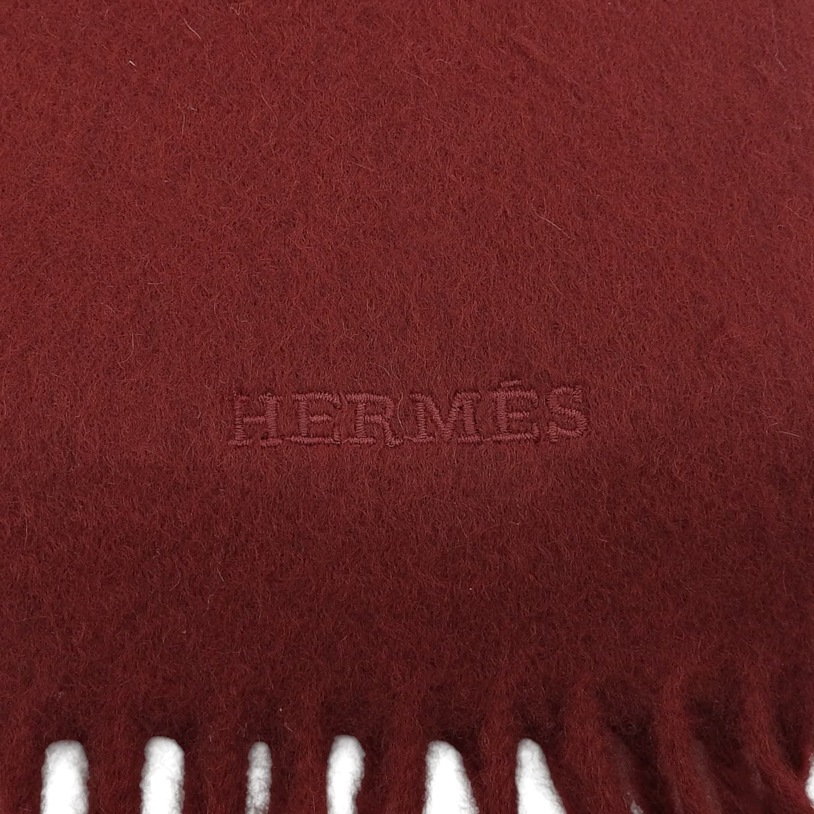 未使用品△HERMES エルメス カシミヤ100％ ロゴ刺繍 フリンジ付き  