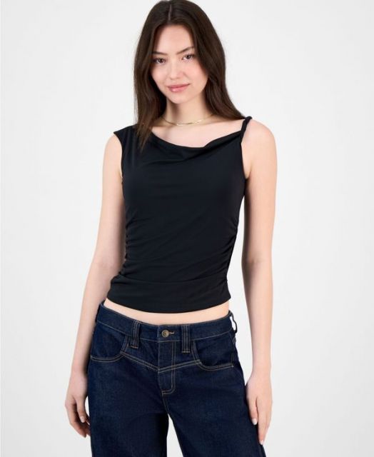 【送料無料】 マッデンガール レディース シャツ トップス Juniors' Twisted-Strap Asymmetrical Top Black