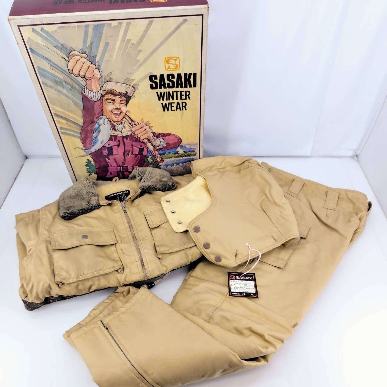 05wm00336 SASAKI WINTER WEAR 佐々木 3点セット ジャケット/ボトムス/フード フィッシングウェア ボア 防寒具 Lサイズ ベージュ 箱付き【中古品】