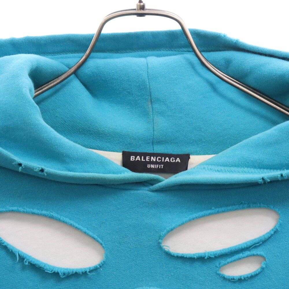 BALENCIAGA (バレンシアガ) 21SS Caps Destroyed Hoodie キャップス デストロイドフーディ プルオーバーパーカー  ダメージ加工 ブルー 659403 TKVB6 - メルカリ