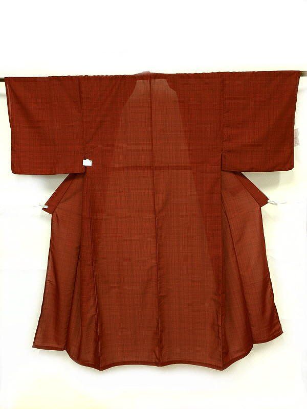 浴衣 男物 化繊 赤色地に格子模様 裄72 LLサイズ 吸湿速乾 防シワ ポリエステルゆかた シーズン夏