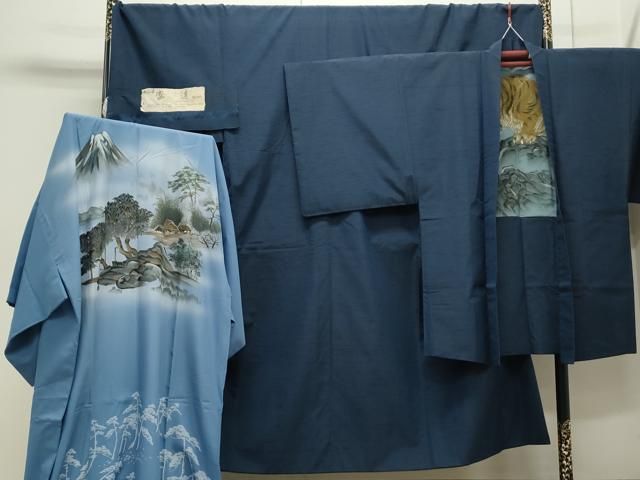 平和屋着物●男性 紬 アンサンブル 長襦袢セット 色無地 草木染 留紺色 反端付き 正絹 CAAS0139th