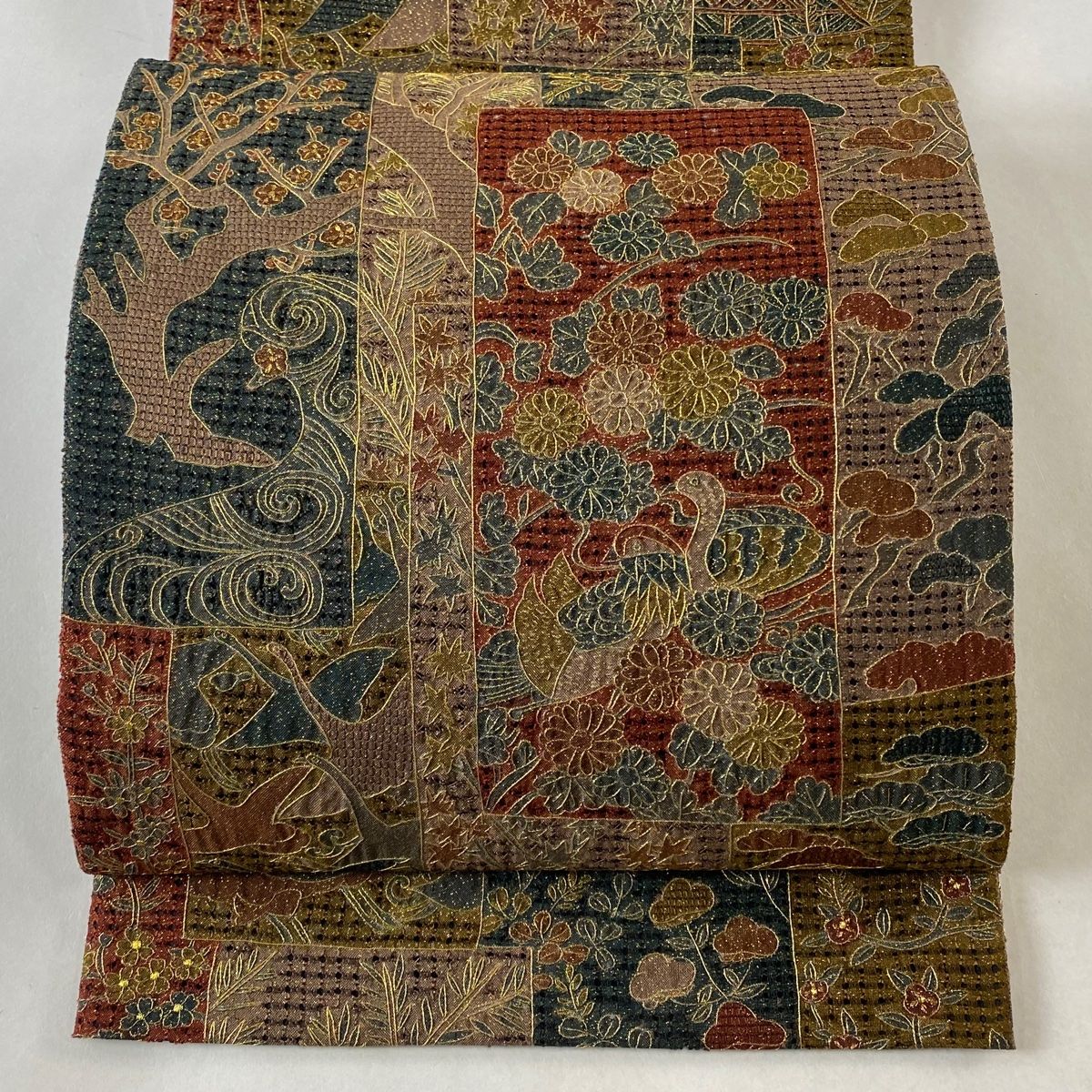 袋帯 逸品 菊 鳥 汕頭刺繍 金糸 灰茶 全通 正絹 【中古】 - メルカリ