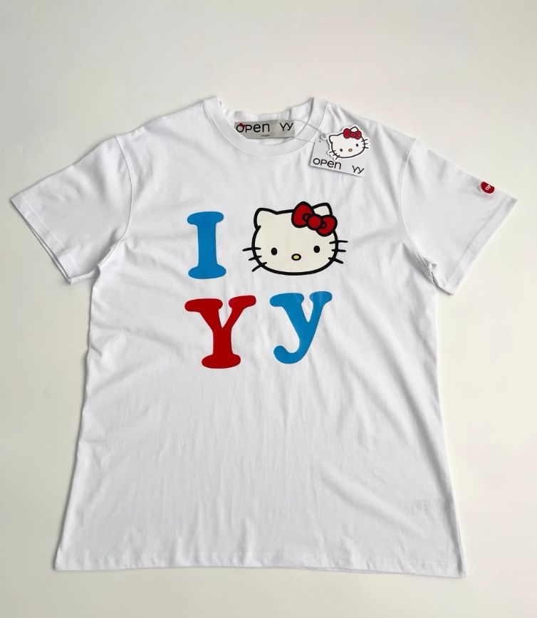 限定販売 韓国OPEN yy・Hello Kitty アルファベットプリントのユニセックスゆったりロングTシャツ  ホワイト