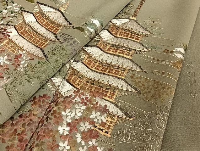 平和屋着物○蘇州刺繍 訪問着 風景文 金糸 正絹 逸品 AAAU4344np  