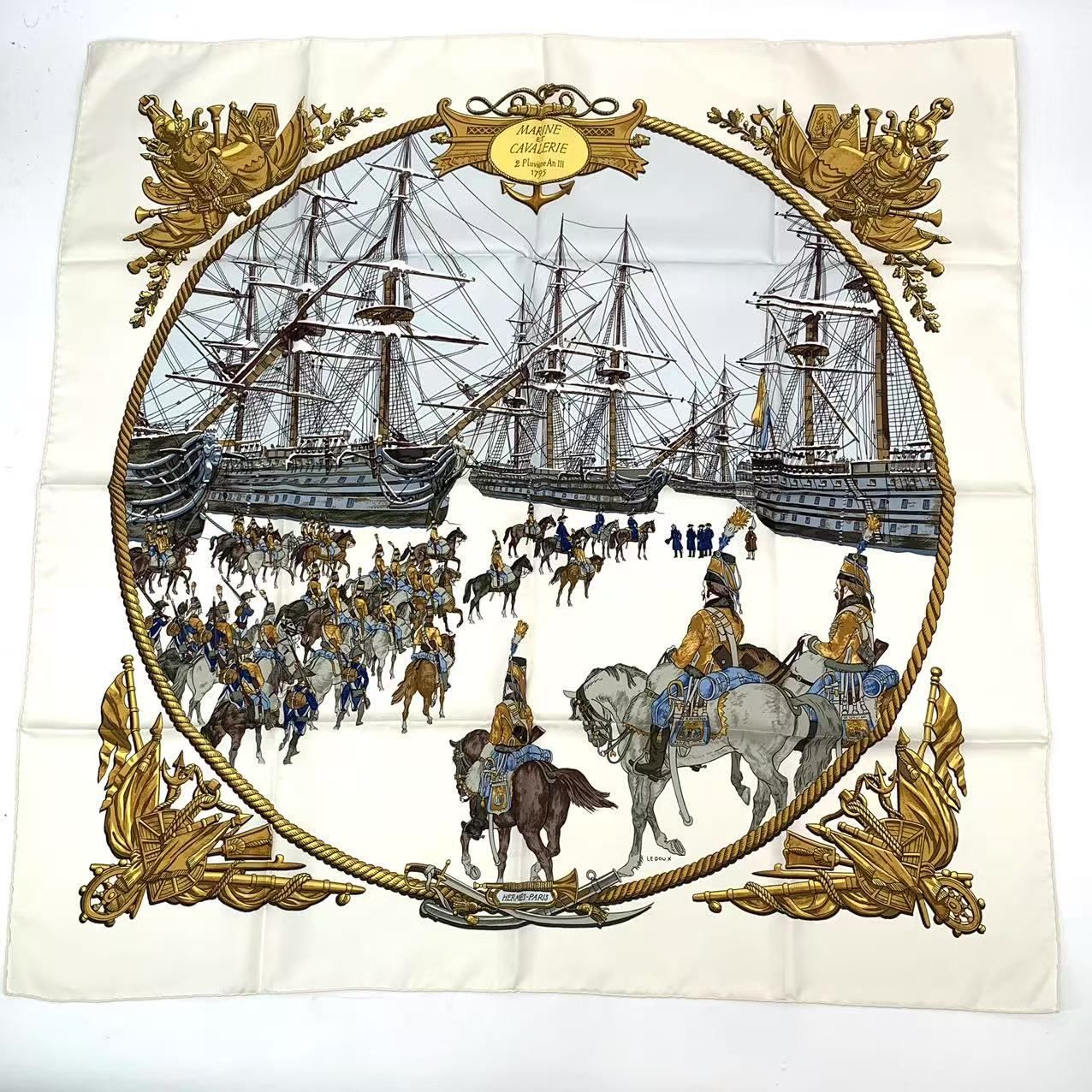 美品！HERMES　カレ90　海と騎兵隊 marine et cavalerie HERMES】エルメス カレ90 MARINE ET CAVALERIE 海と騎兵隊