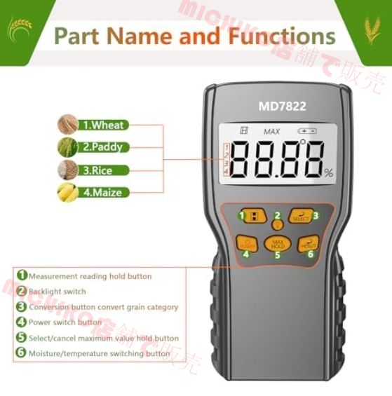【国内未発売モデル】 デジタル水分計 稲わら水分計 飼料水分測定 水分率計 0-84% バックライト付き 多機能 米ぬか|牧草|ふすま|麬|飼料|繊維など対応