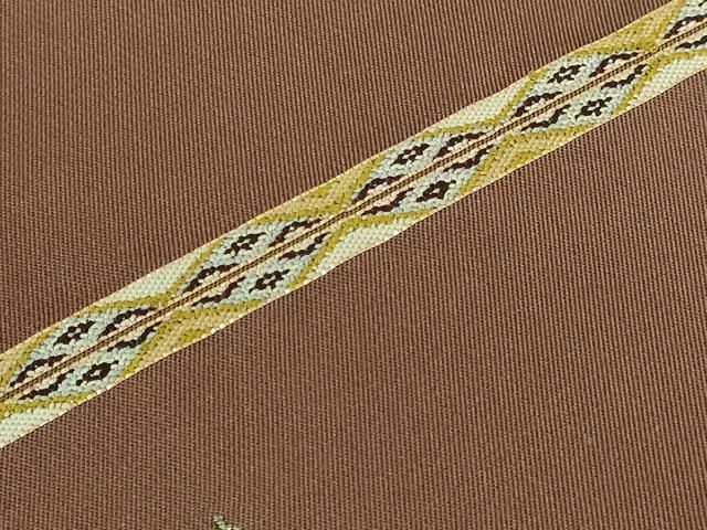 平和屋本店□最高級 龍村平蔵製 太鼓柄 本袋帯 とばえまき錦 枯茶色地  