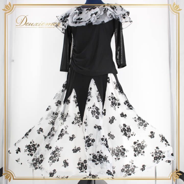 社交ダンス 衣装 スタンダード セットアップ ツーピース レッスンウェア レディース オールシーズン Leirena レイリーナ 黒 白 花柄 ブラック系 ホワイト系 シック 薄手 伸縮性 上下 セット 花模様 ダンス レディースウェア おしゃれ 大人 女性用