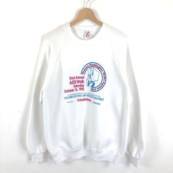 【古着】 JERZEES プリントスウェット Helth infusion イベントもの USA製 80年代 ヴィンテージ ホワイト系 メンズXL 【中古】 n041633