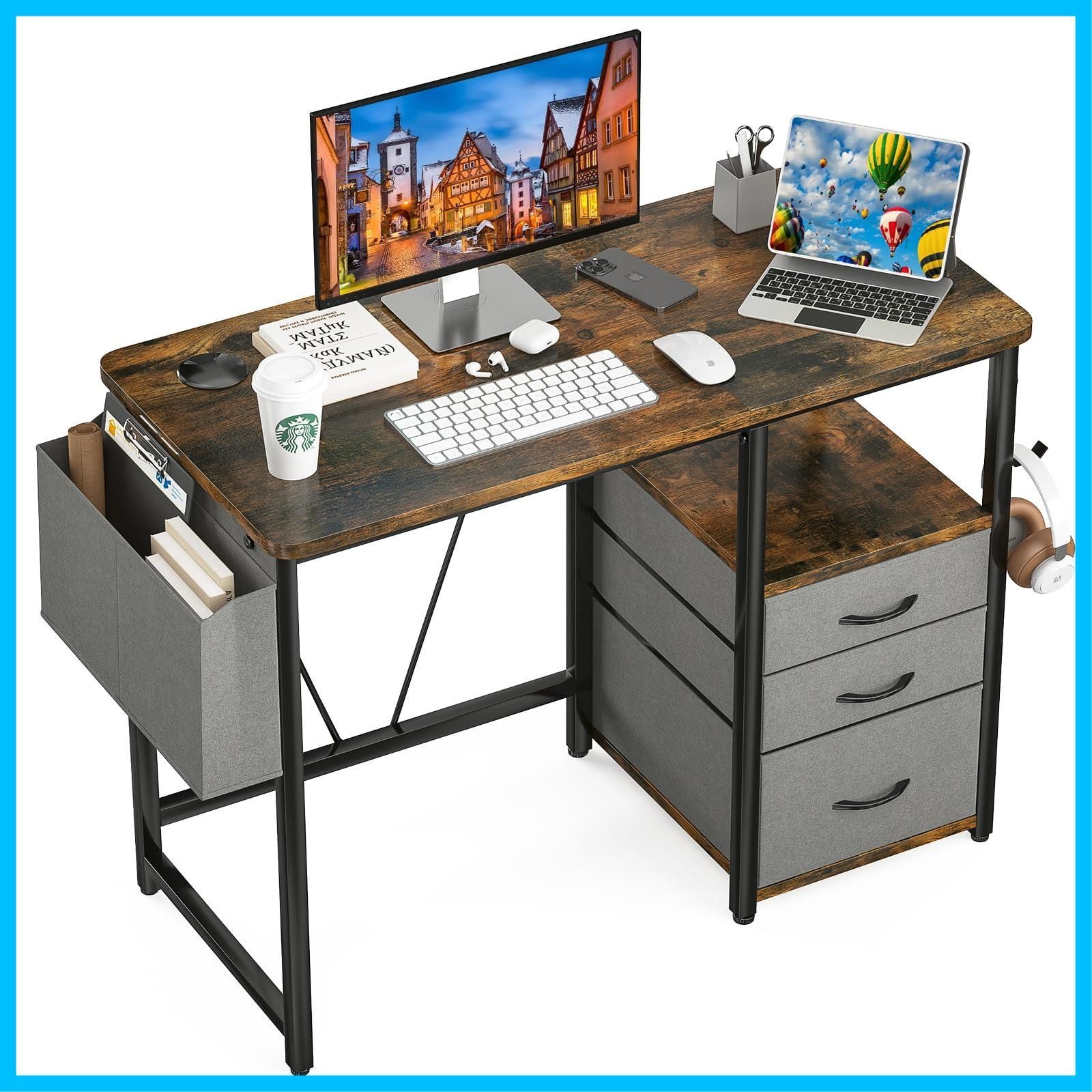 数量 作業机 テレワーク 在宅ワーク デスク デスク ドリンクホルダー 勉強机 引き出し付き ブラウン 机 幅100cm×奥行48cm ラック付きpcデスク パソコンデスク Sunon