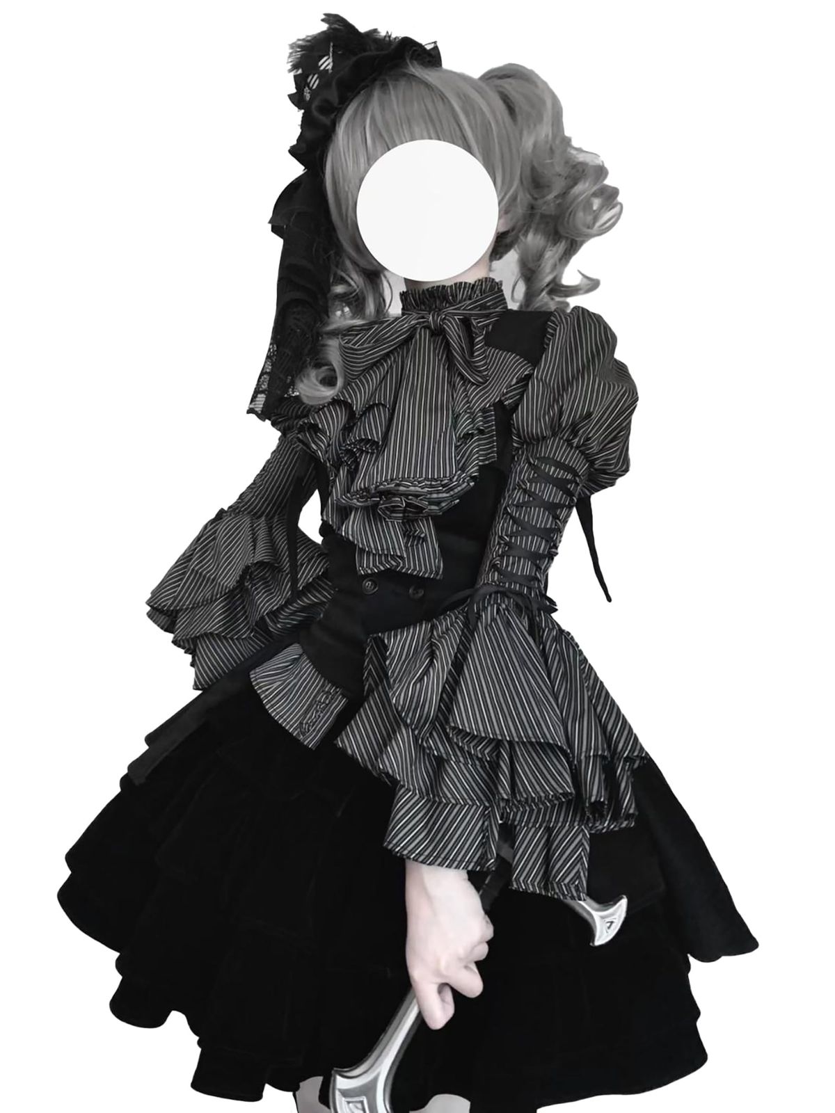 商品 XHSUKADO ゴスロリ 3点セット セットアップ シャツ ベスト ミニ スカート レースアップ レディース 服 地雷系 ゴシック 上下着 コスプレ ドレス 大人 貴族 ストライプ 病みかわいい 姫袖 リボン ハロウィン 長袖 春 秋 夏 冬