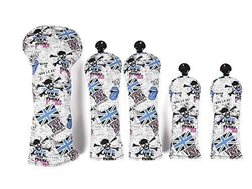 Color 青 pu革 ドライバー|ウッド|ユーティリティ UT用 FW ヘッドカバー 5点セット スカル×England国旗 防水仕様 青 赤 青