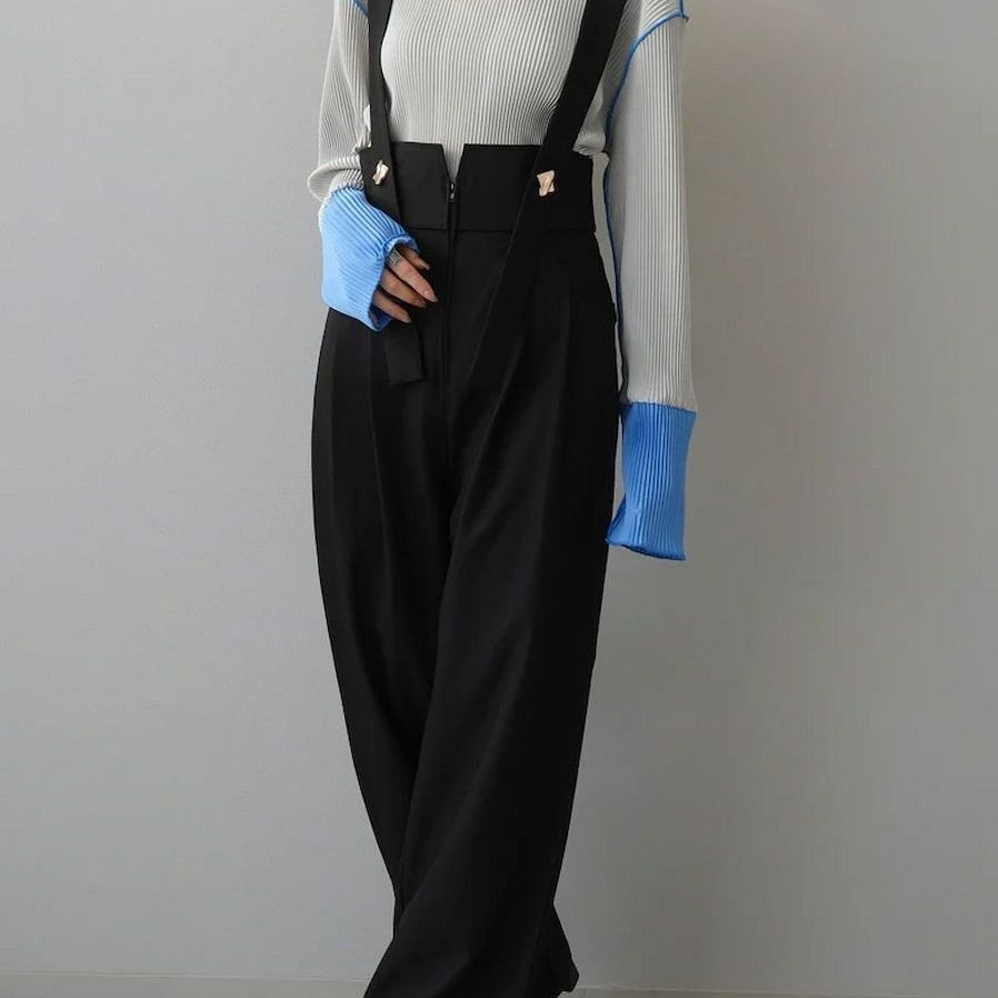 Lumier 配色プリーツボートネックトップス グレーブルー ゴールドボタンサスペンダーワイドパンツ 2set 管理番号 684