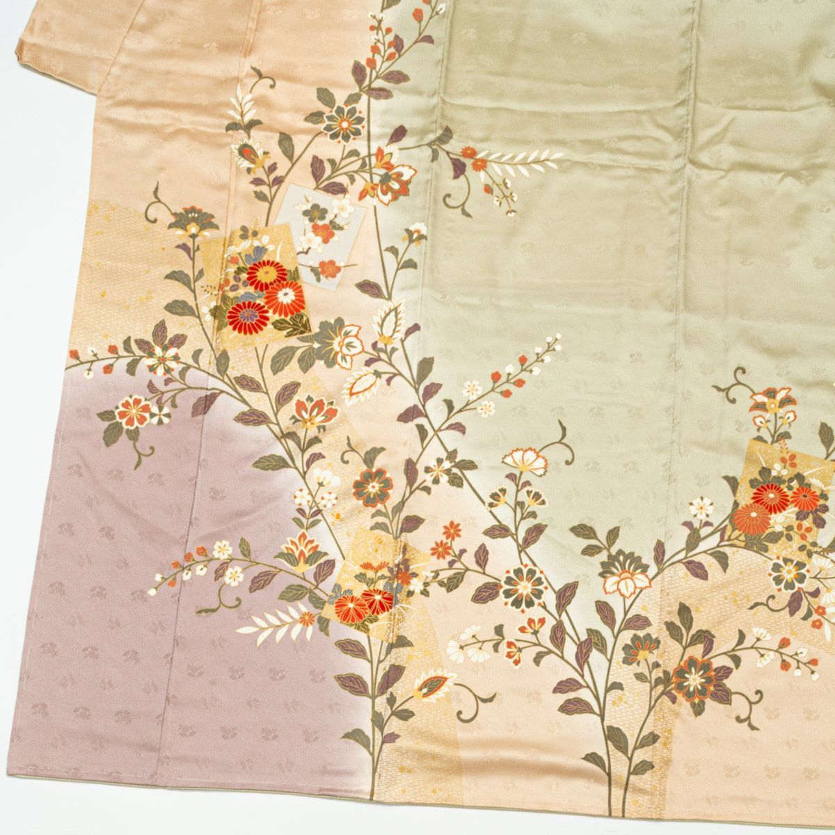 未使用品】訪問着 友禅 四季花 花唐草文 裏葉柳 香色 暈し染め