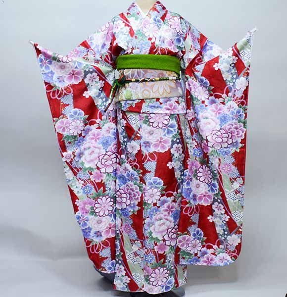 振袖 着物 単品 合繊 仕立て上がり 小紋柄 桜 のし紐 花束 赤色