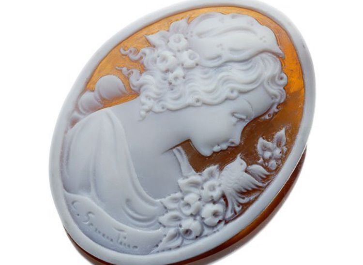 ジュエリー極】作家品 サイン刻印有 鳥と髪飾りの貴婦人 シェルカメオ