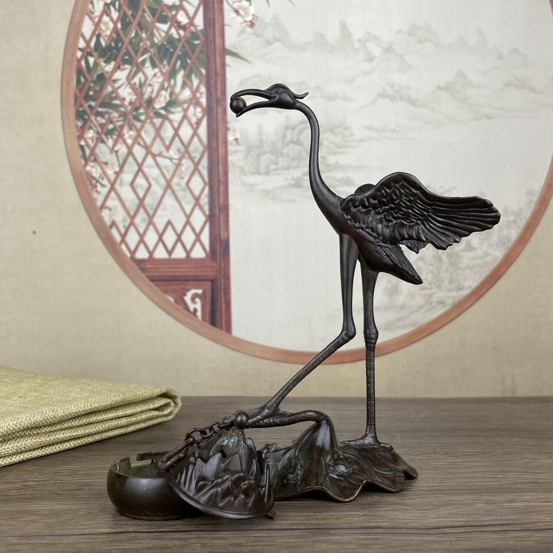 銅 細工 鶴香炉 蓮華弔炉 檀香炉 茶道具 香道具 装飾品 工芸品