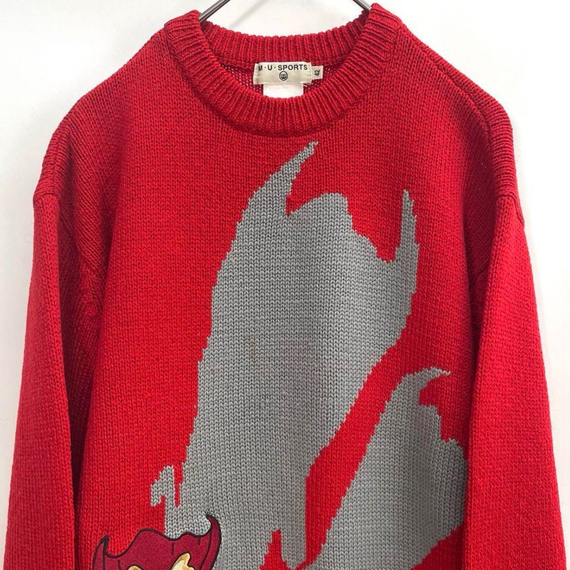 MU SPORTS エムユースポーツ ミエコウエサコ ニット オールド ビンテージ クルーネックニット  セーター レッド&times;グレー レディース 秋 ゴーゴー古着久喜倉庫店B9334