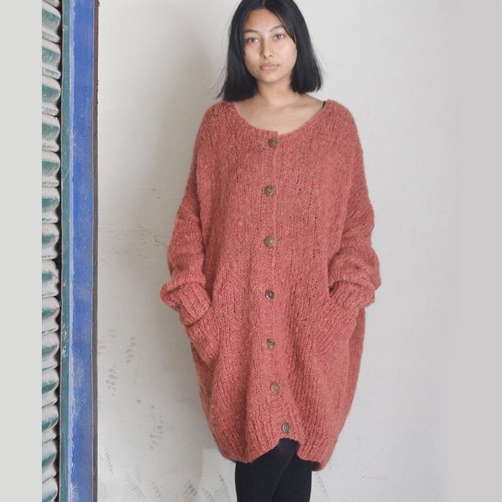 つつむ 手編みモヘアロングカーディガン●若草オリーブ