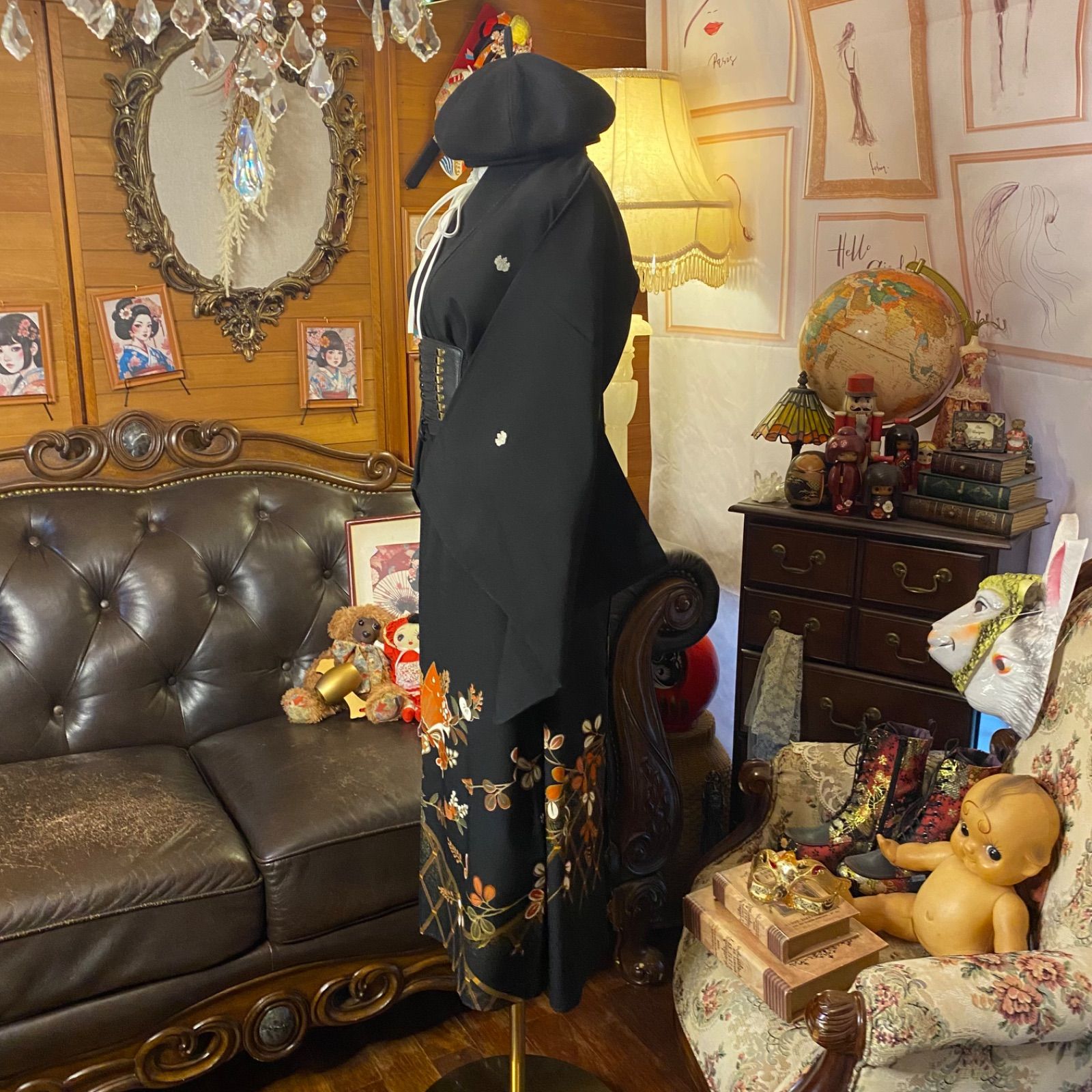 和洋折衷 黒留袖 着物 リメイク セミロング ワンピース ドレス 洗える