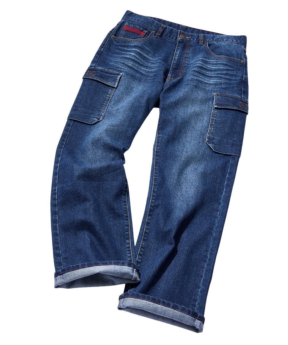 Size W88_Color ネイビー 赤ステッチ ニッセン メンズ ジーンズ ヴィンテージ加工ストレッチデニムカーゴロングパンツ ネイビー 赤ステッチ 88