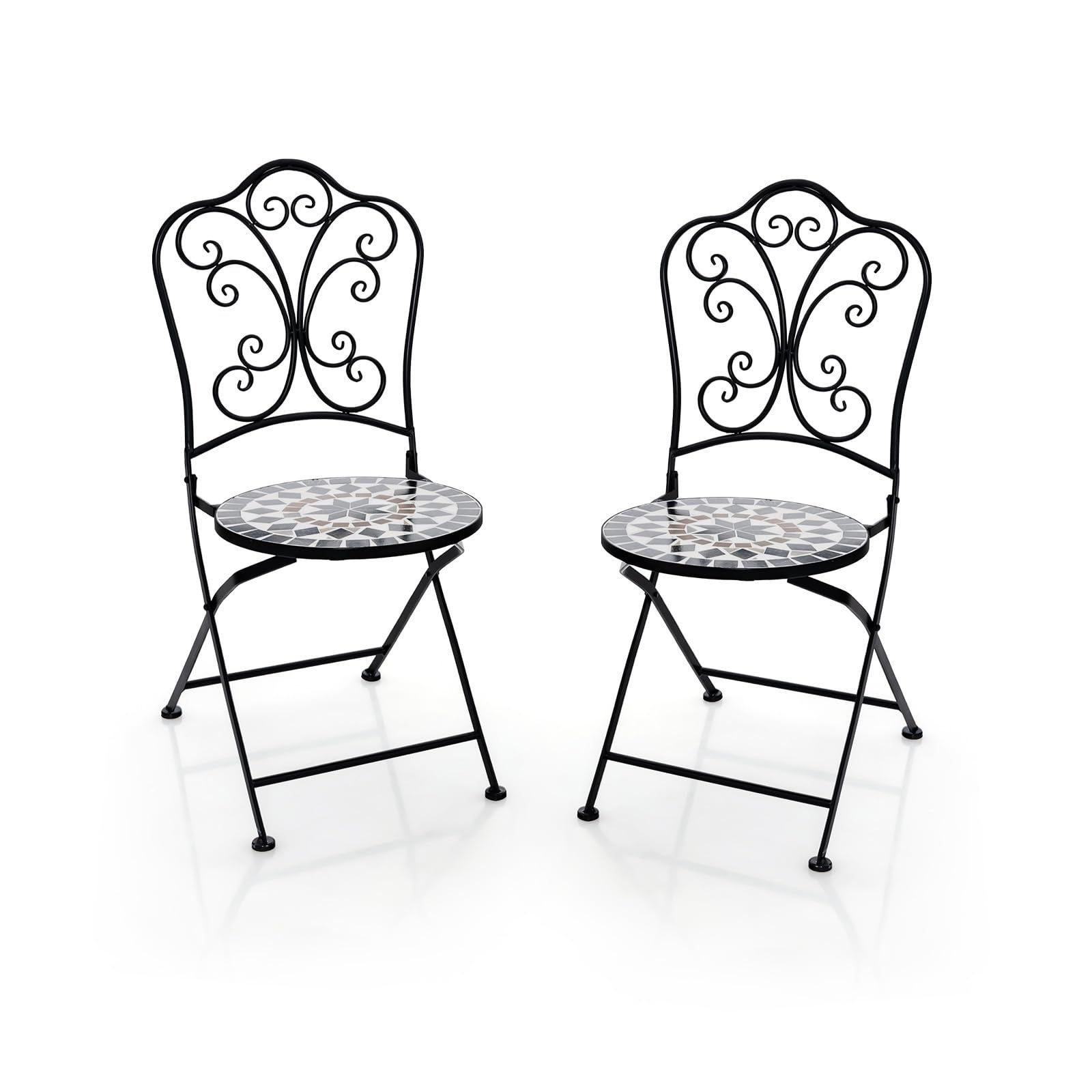 庭 パティオ アンティーク調 テラス タイルチェア アウトドア 折りたたみ 屋外 モザイク柄 屋内 防水 アイアン製 2脚セット おしゃれ ガーデンチェア ブラック TANGKULA