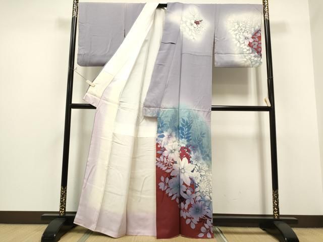 平和屋着物▽訪問着 単衣 草花文 暈し染め 黒地 金銀彩