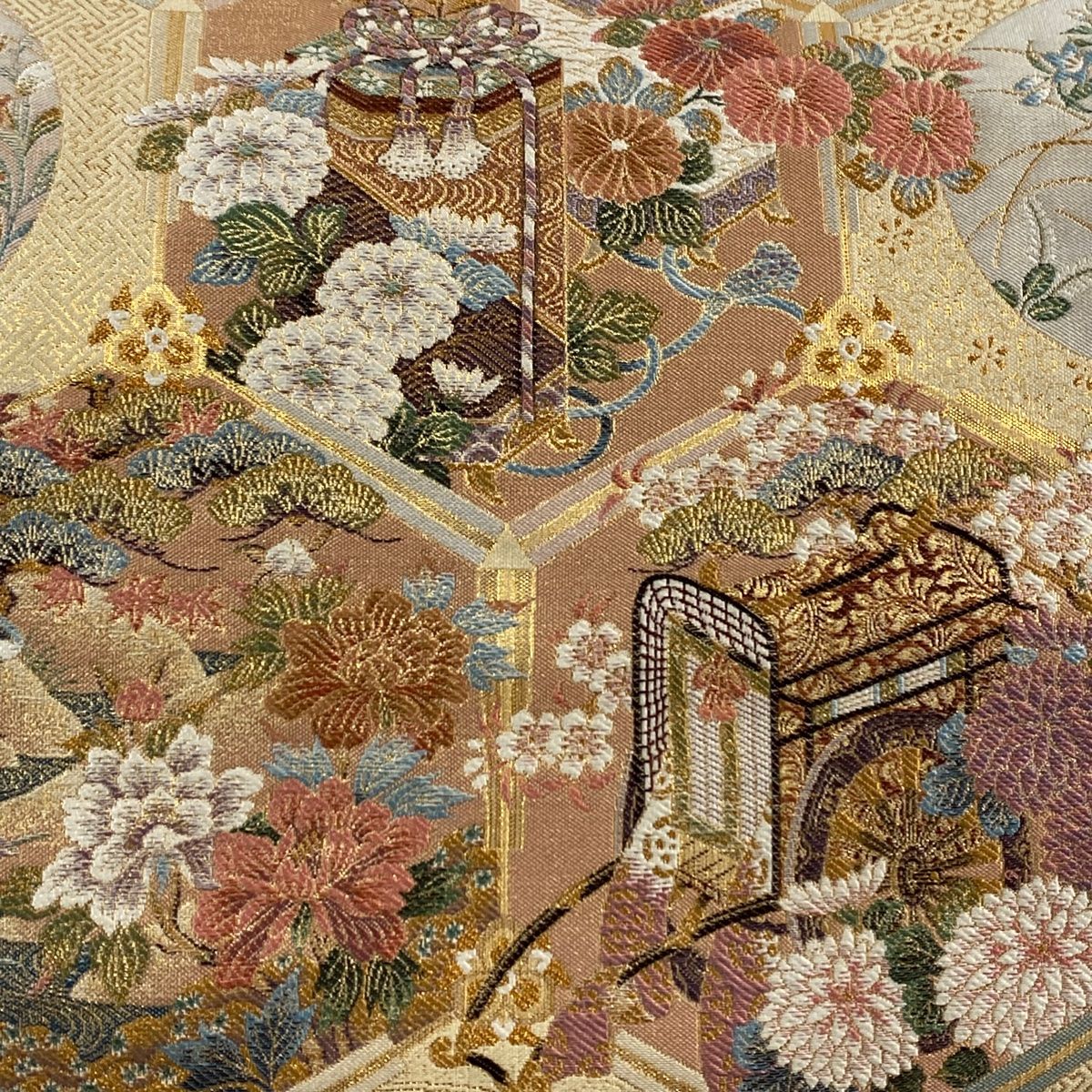 袋帯 秀品 貝桶 御所車 金糸 ベージュ 六通 正絹