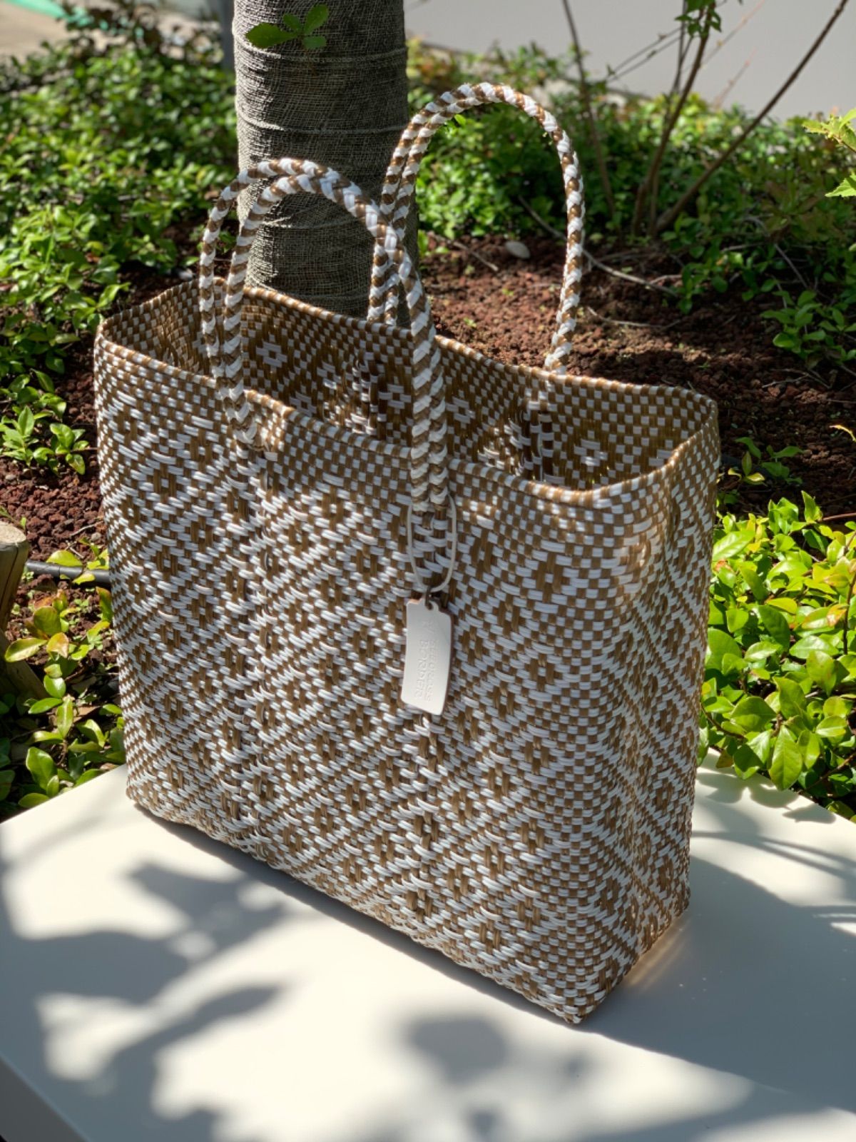 新品 大人気オアハカ産 メルカドバッグ メキシコ ゴールドホワイト M