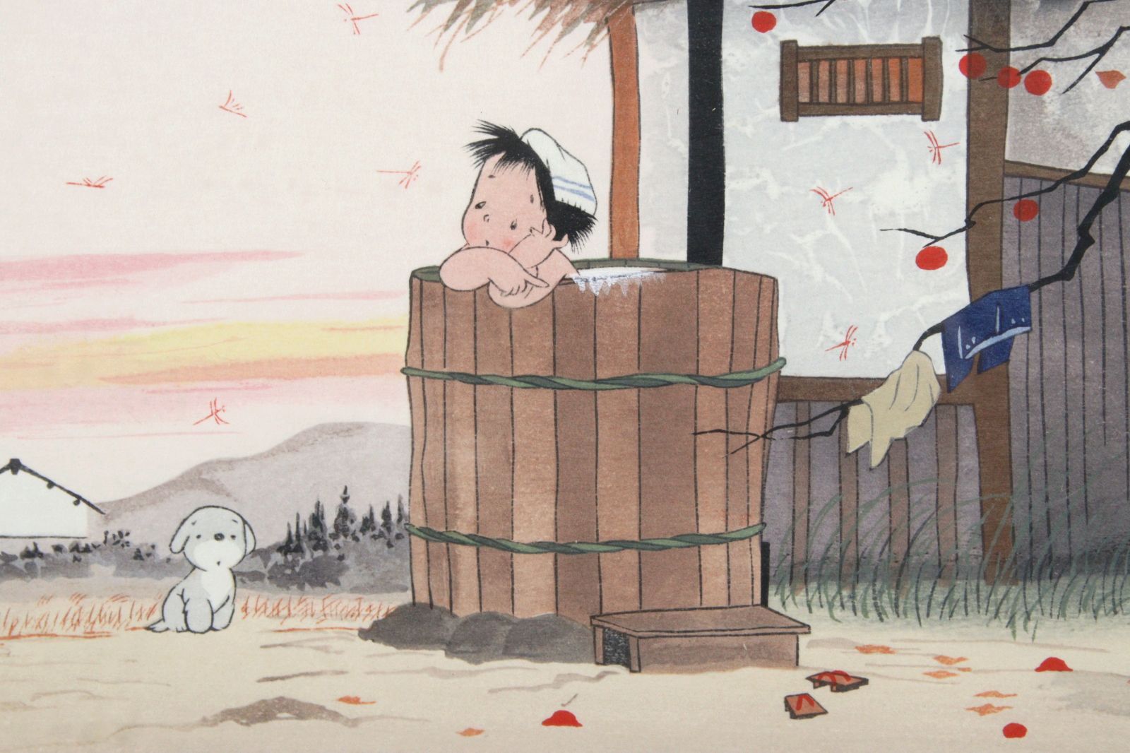 中島潔 「あかね雲 とんぼの思い出」 木版画 直筆サイン 古美術