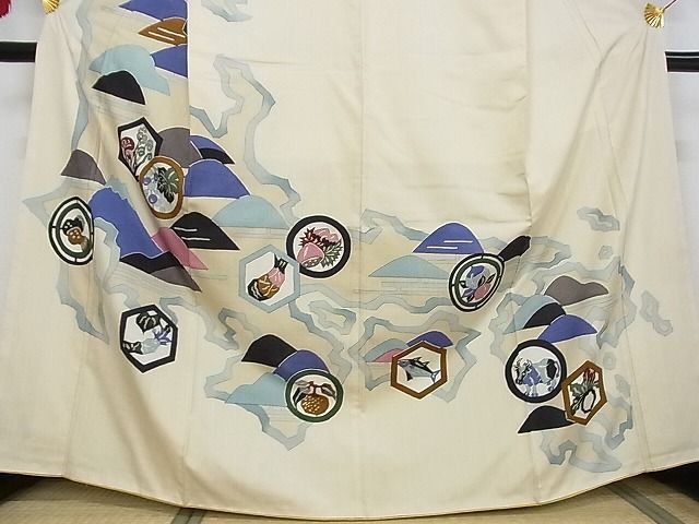 平和屋本店■極上 希少柄 訪問着・袋帯セット 紬地 型絵染 日本地図特産品 富士山 金彩 着丈165cm 裄丈65.5cm 正絹 逸品 3kk3900 平和屋本店□極上 希少柄 訪問着・袋帯セット 紬地 型絵染 日本地図