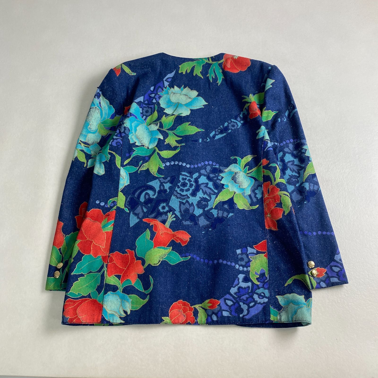 LEONARD ノーカラージャケット デニム 花柄 金ボタン XL レオナール シルク 13号