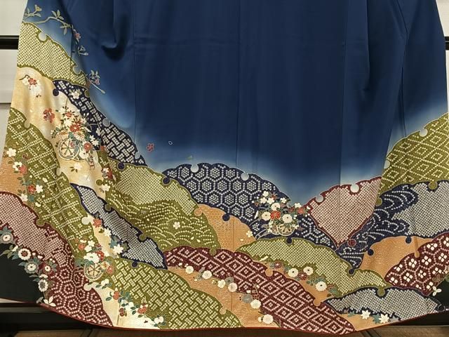 正絹 訪問着 友禅 紗綾形地紋 暈し染め 家屋 御所車 四季草花 164cm a2211204.webp