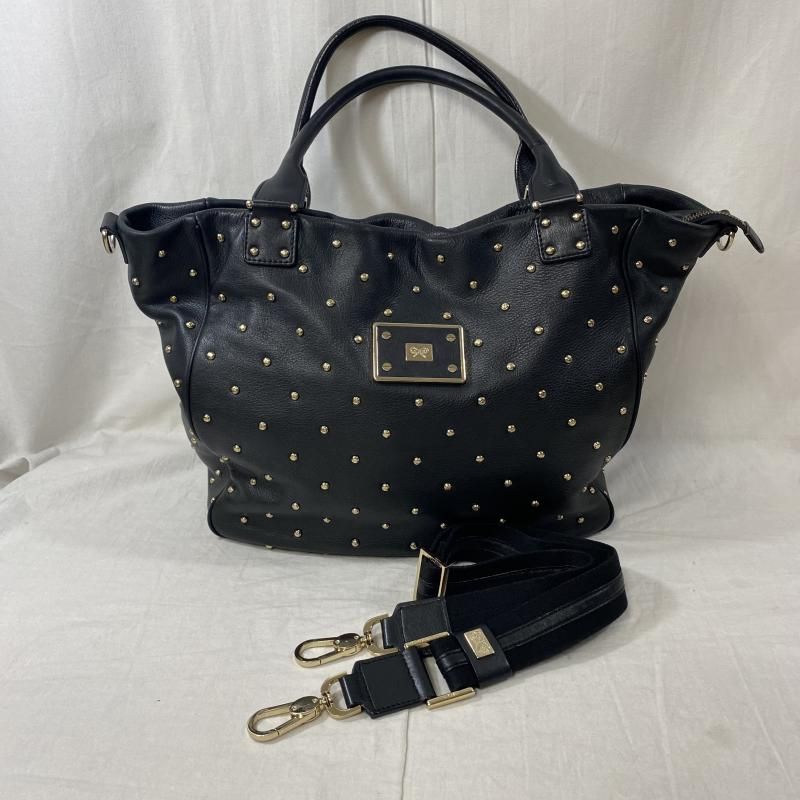 アニヤハインドマーチ袋付きショルダーバッグスタッズリボンレザーブラック