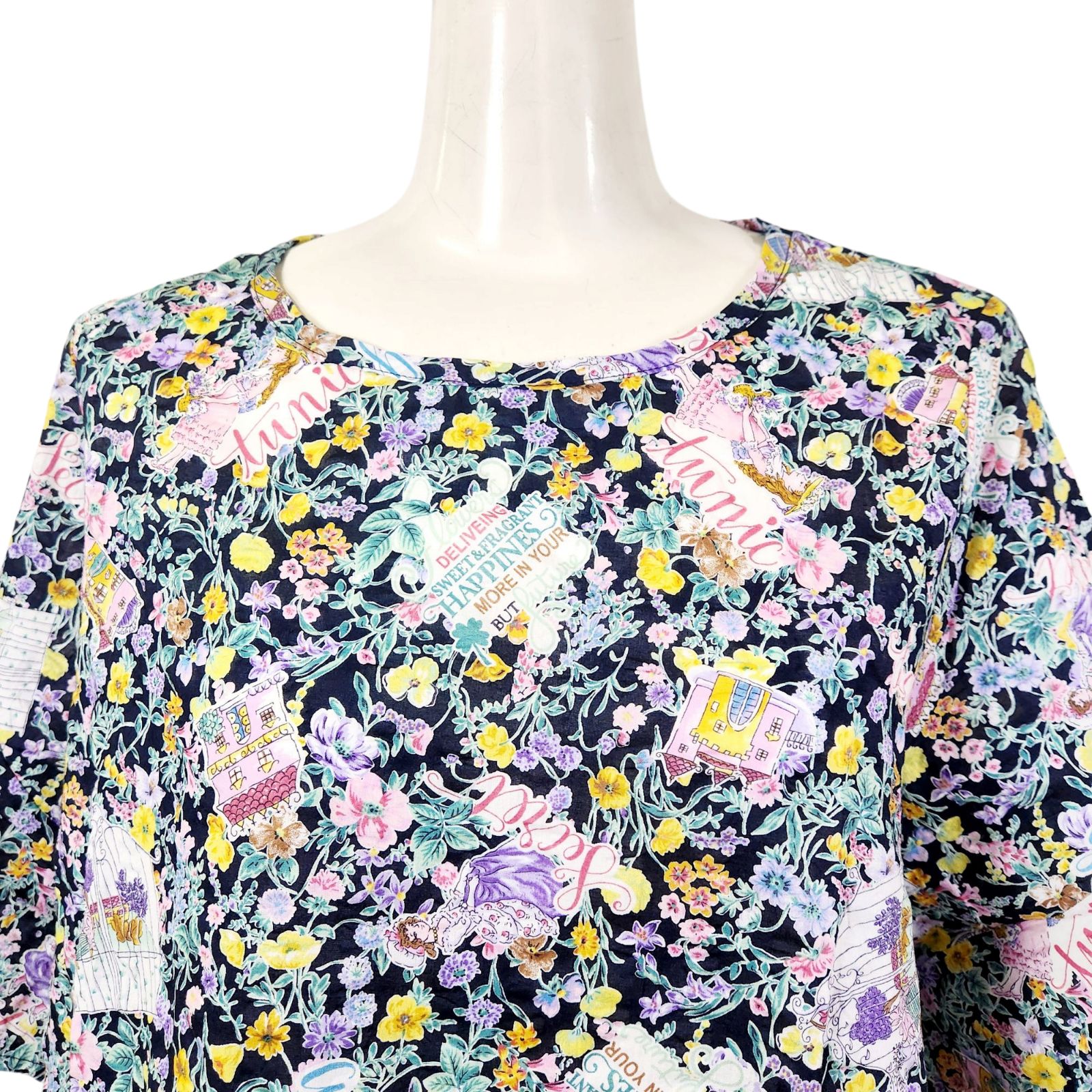春物入荷 鴨居羊子TUNIC チュニック 5分袖パジャマ パンツ無地 80ローンサッカー小花 濃紺 33051