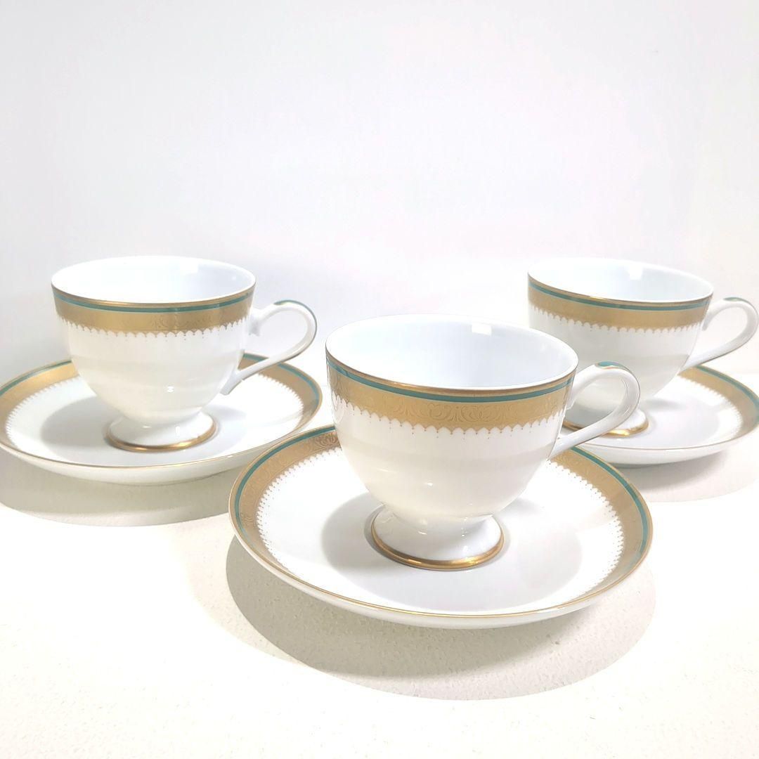 ナルミ カップ ソーサー 金彩 高台 レース ゴールドライン ターコイズ 3点