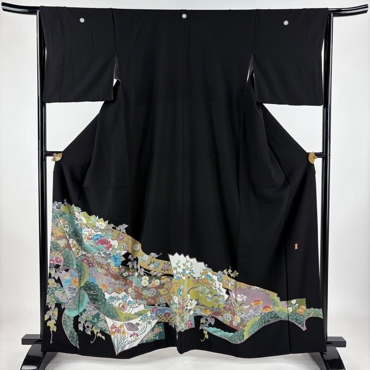 黒留袖 身丈163cm 裄丈65cm M 袷 加賀友禅 高岸小波 落款 証紙 扇面取り花鳥模様 黒 正絹