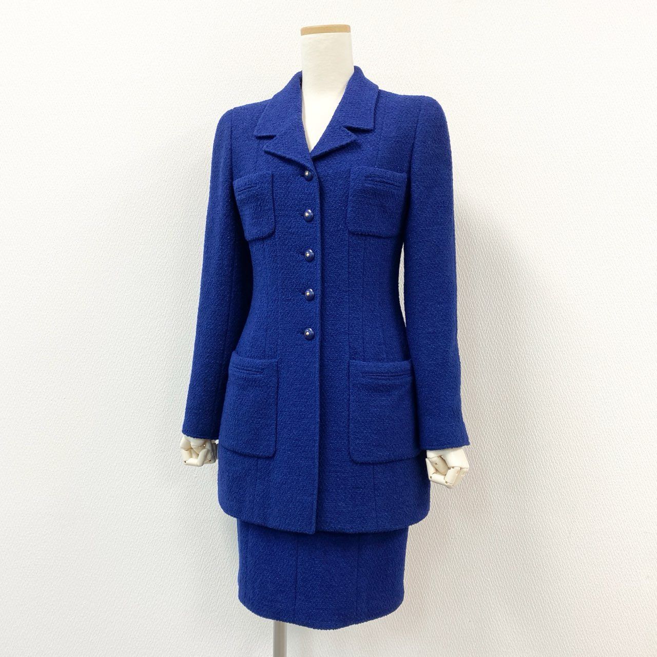 63i12 CHANEL シャネル 95A ココボタン ラメツイード セットアップ レトロ ブルー Vintage ヴィンテージ Tweed Setupt18r