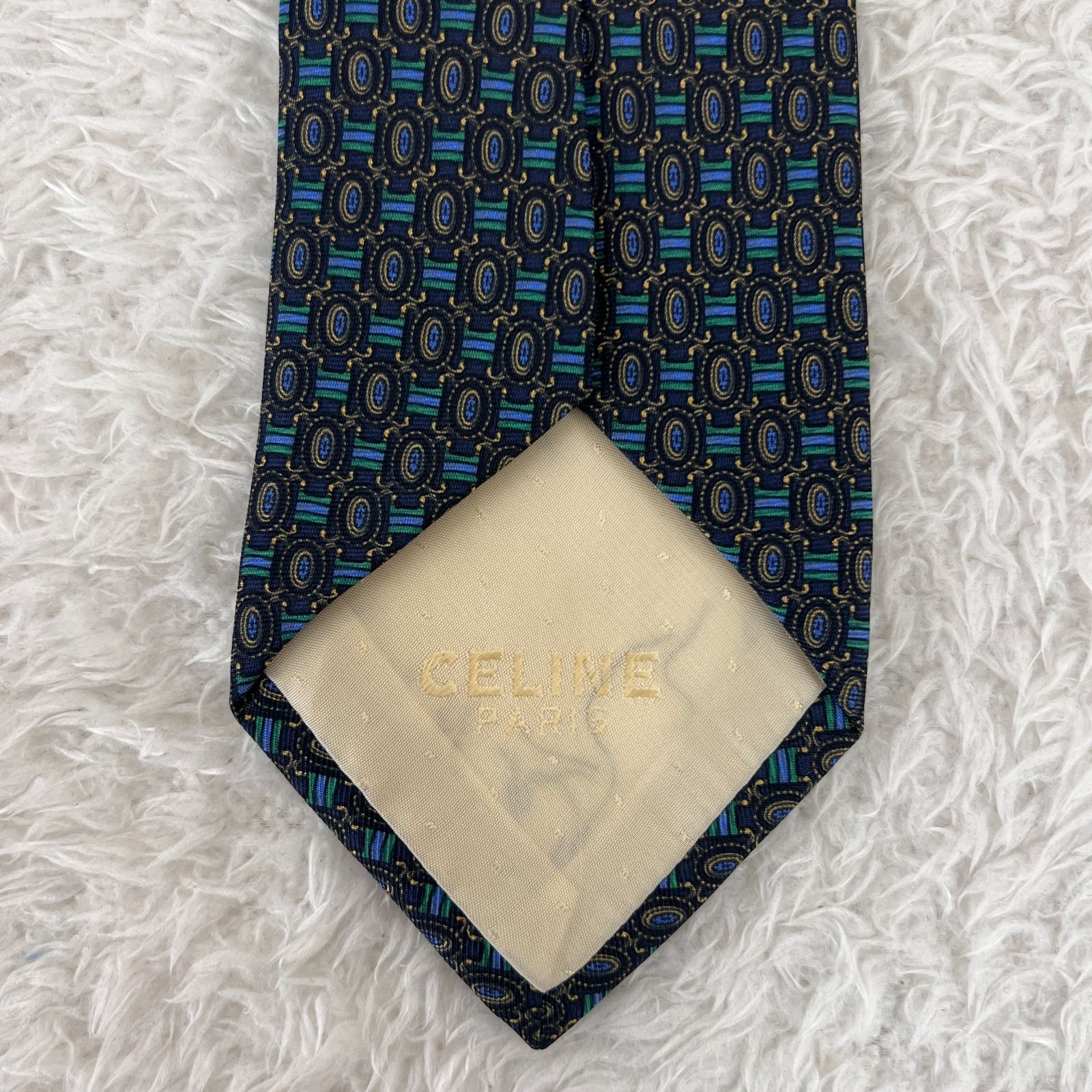美品》CELINE (セリーヌ) シルクネクタイ 総柄 小紋柄 紺 緑