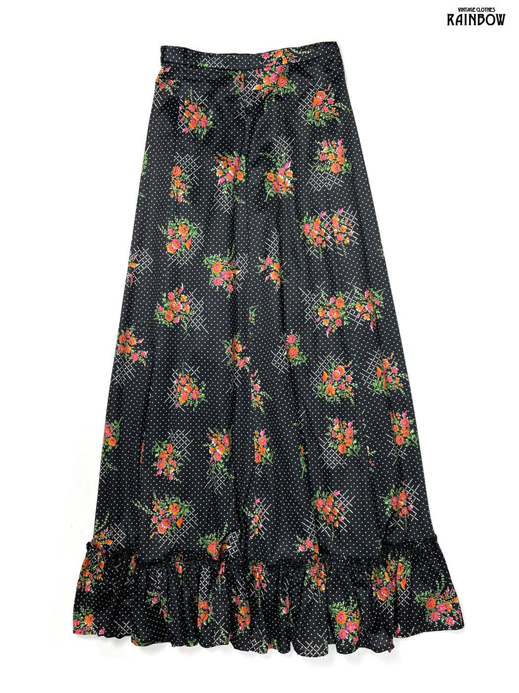 古着 花柄 ロング丈 スカート 黒 btu2509028