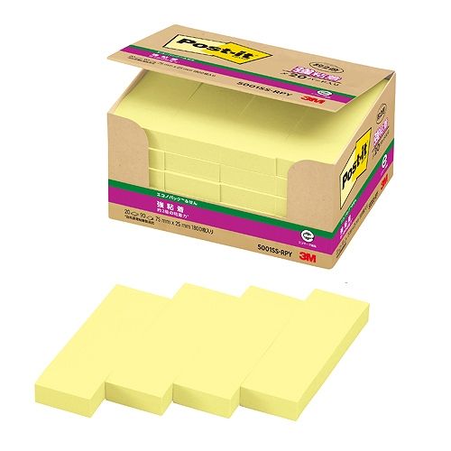 スリーエム(3M) ポストイット エコノパック 強粘着ふせん 再生紙 イエロー 75×25mm 入数：1パック(20パッド) 5001SS-RPY(20014)