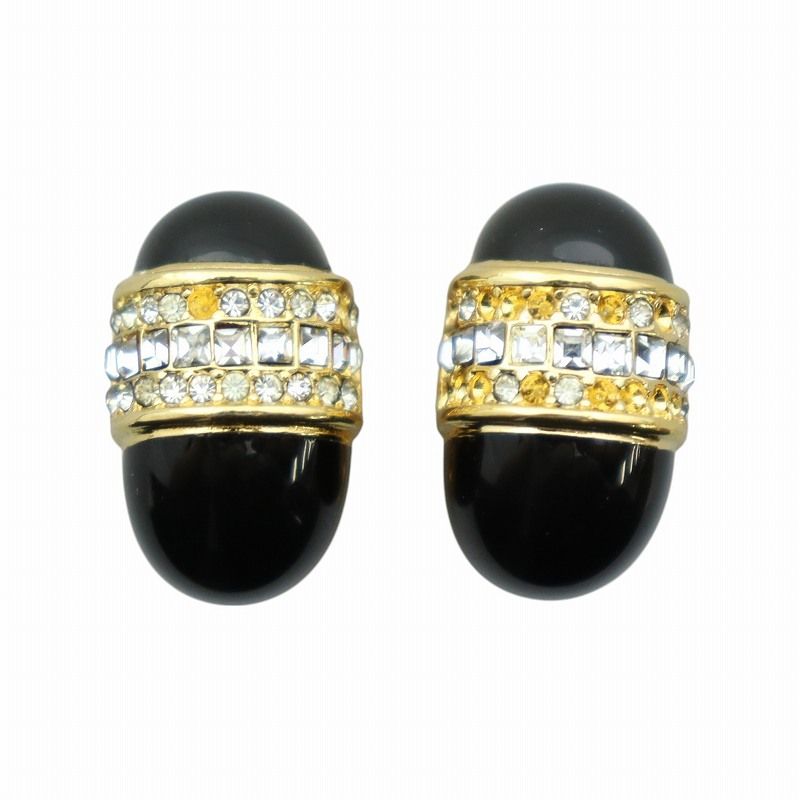 クリスチャンディオール Christian Dior イヤリング アクセサリー ロゴ 両耳用 クリップ式 ラインストーン ゴールド色 黒 ブラック GY18 |MQ OH