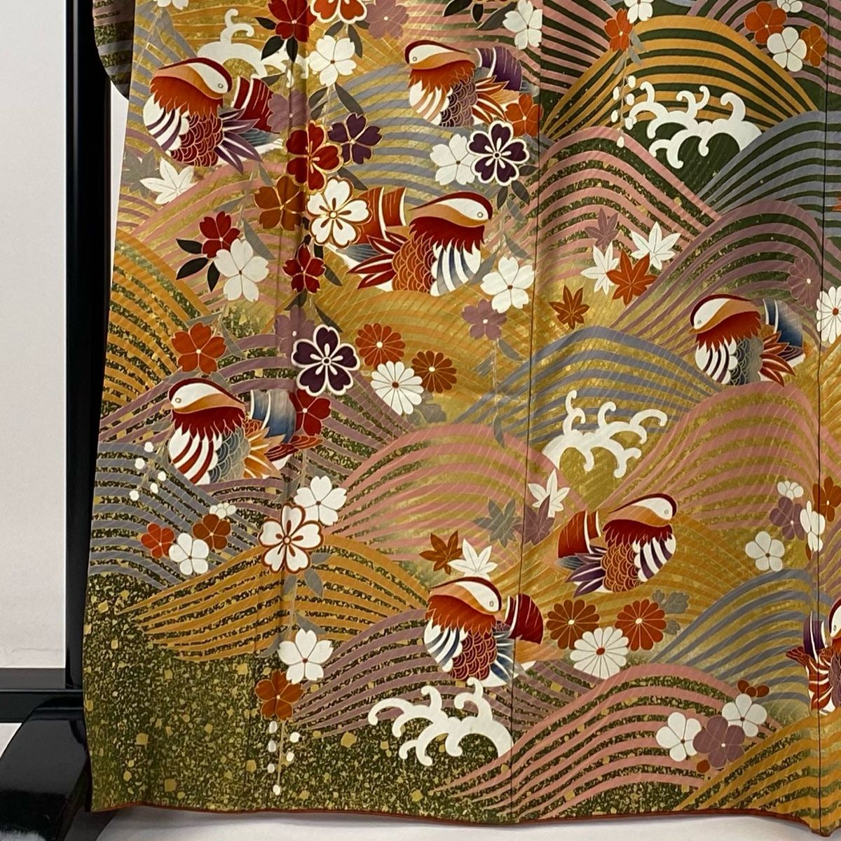 振袖 身丈168cm 裄丈65.5cm M 袷 鴛鴦 桜 金糸 金彩 茶緑色 正絹