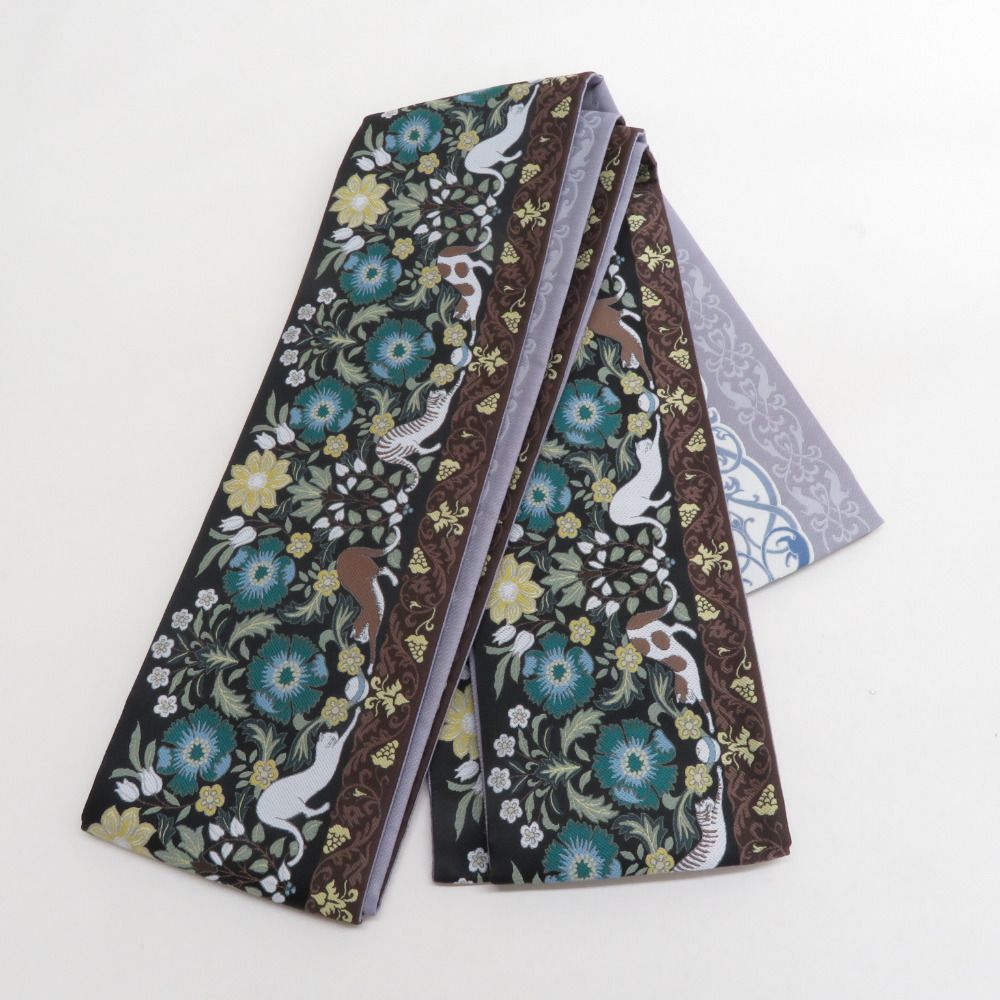 半幅帯 リバーシブル WA KKA NICO わっか ポリエステル Cat’s away アールヌーボーと猫柄 黒ｘ青 ワッカ 半巾帯 長さ420cm 新品