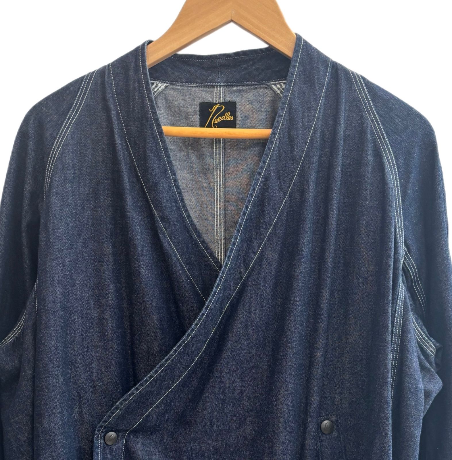 Needles アンゴラ混 ロゴ刺繍 作務衣コート ノーカラー ロング