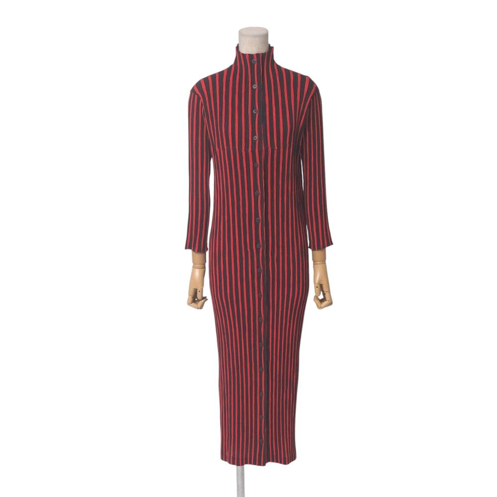 ISSEY MIYAKE イッセイミヤケ ワンピース サイズS プリーツ ハイネック シャツワンピース ストライプ ブランド古着 20250513|RA4785